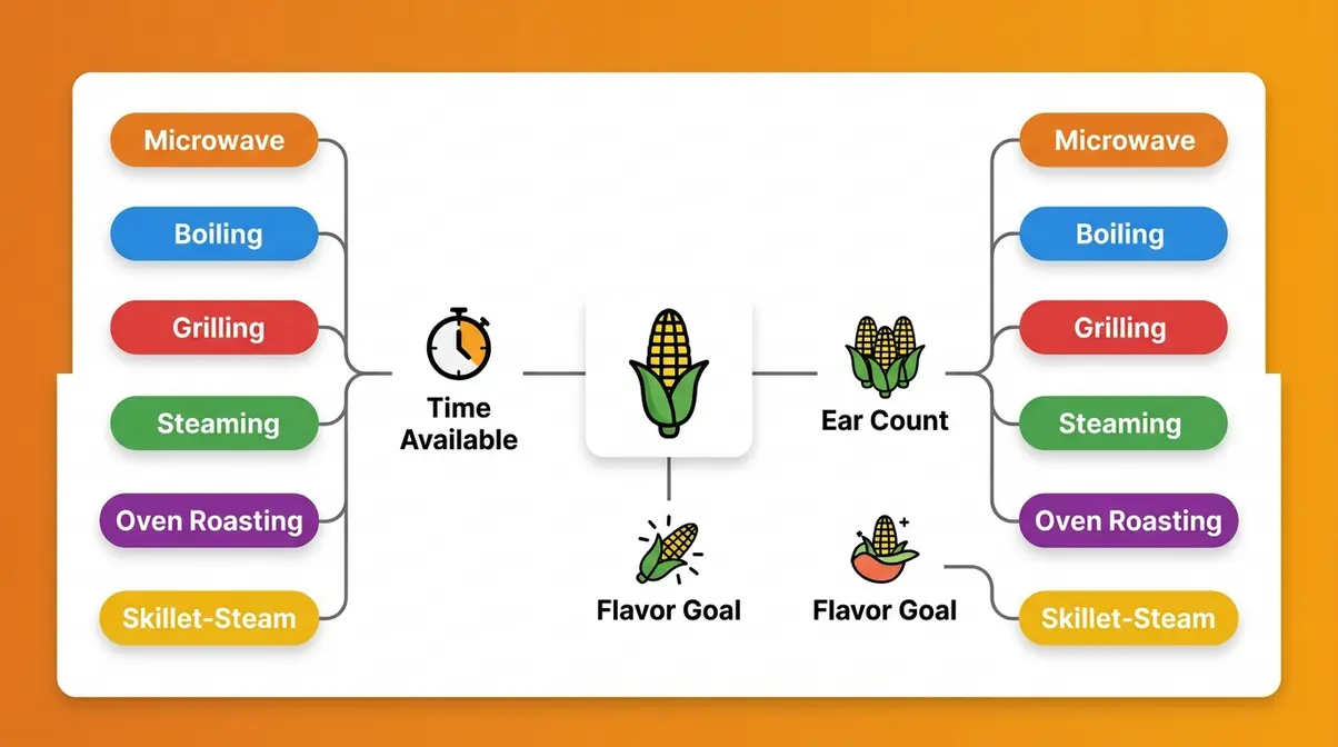 Decision matrix illustration showing three factors — time, ear count, and flavor goal — for choosing corn cooking method