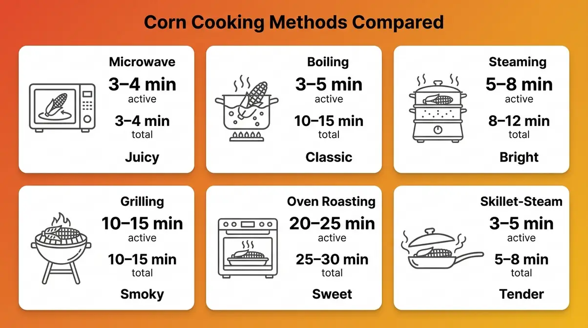 Infographic comparing microwave, boiling, grilling, steaming, and roasting cook times for corn on the cob