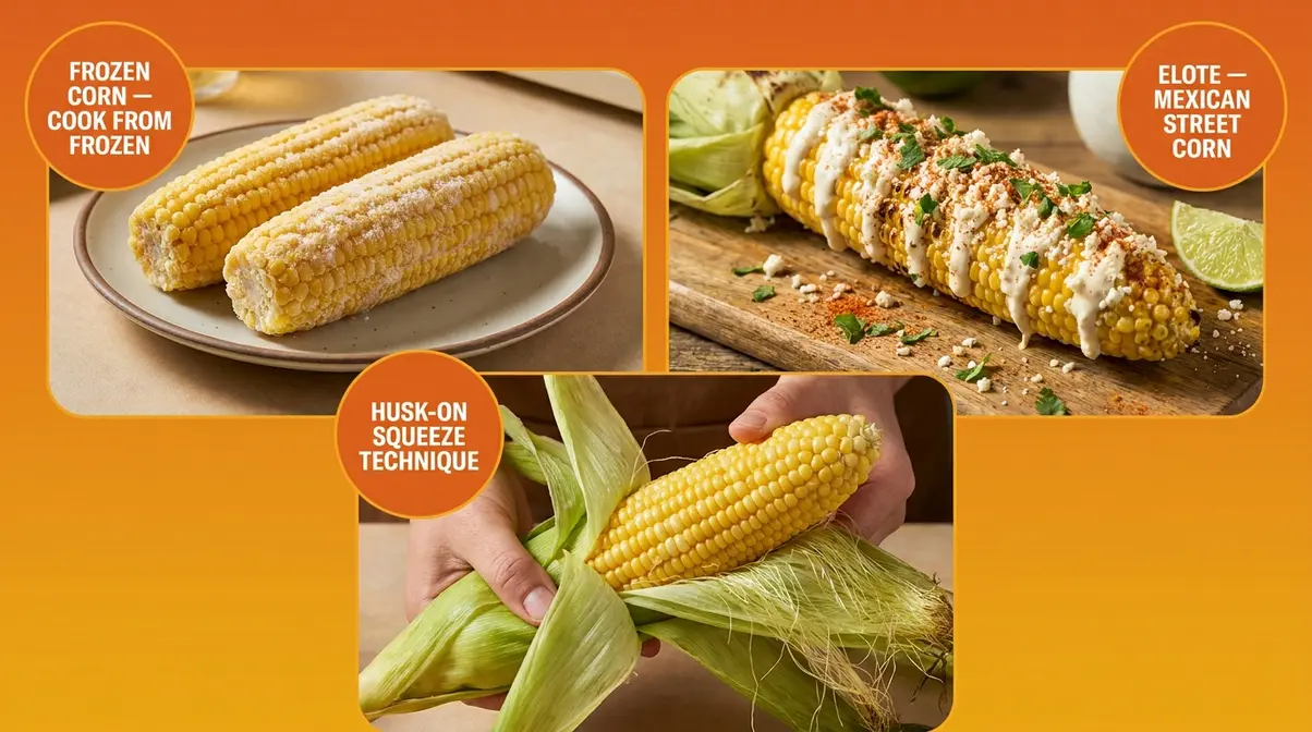 Collage showing frozen corn on the cob, elote with cotija and chili powder, and husk-on corn being squeezed out of husk