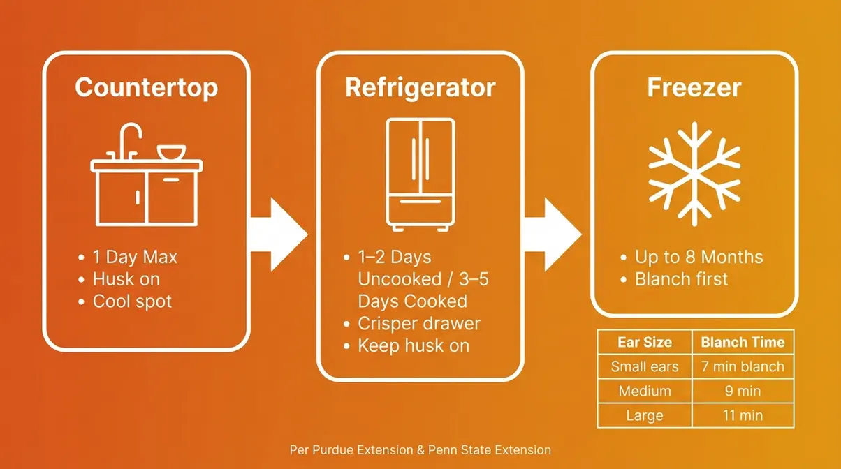 Infographic showing corn storage timeline: countertop one day, refrigerator one to two days, freezer up to eight months with blanching times