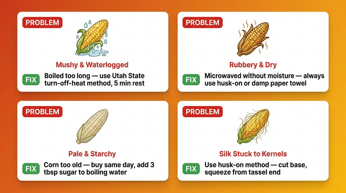 Troubleshooting infographic showing mushy corn, rubbery corn, pale kernels, and silk-stuck corn with fix descriptions