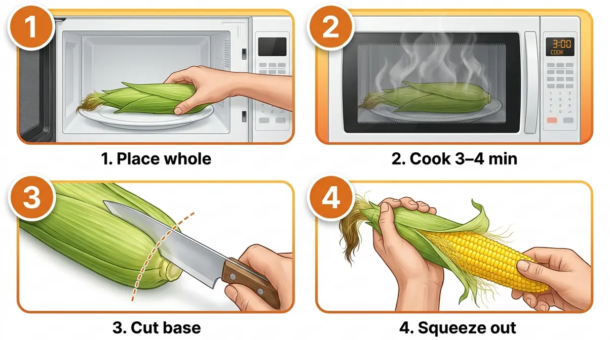 Four-panel guide showing microwave corn in husk: place, cook three to four minutes, cut base, squeeze out silk-free