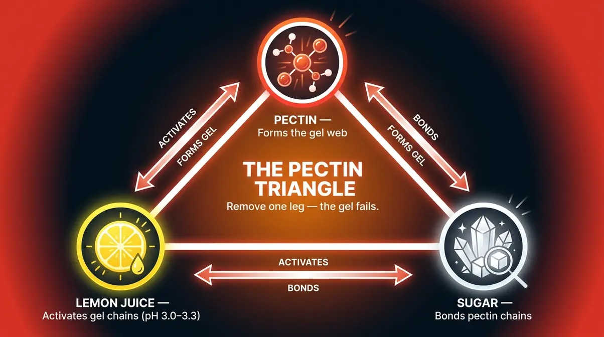 Triangle diagram showing the three interdependent components of jam gel: pectin, lemon juice, and sugar