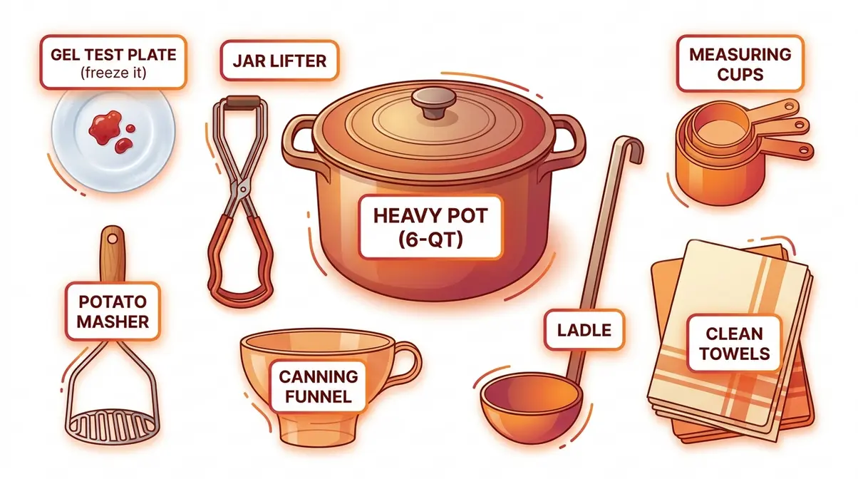Labeled flat-lay infographic of jam-making equipment including pot, jar lifter, canning funnel, and mason jars