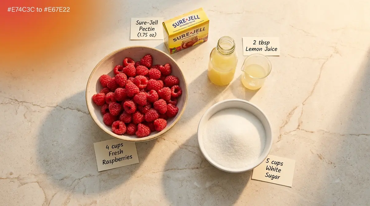 Flat lay of raspberry jam ingredients — raspberries, pectin powder, bottled lemon juice, and granulated sugar