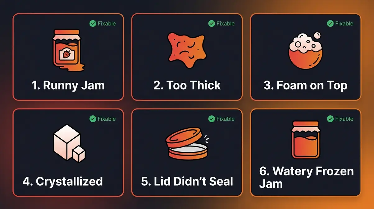 Six-panel troubleshooting guide for common raspberry jam problems including runny jam, foam, and unsealed lids