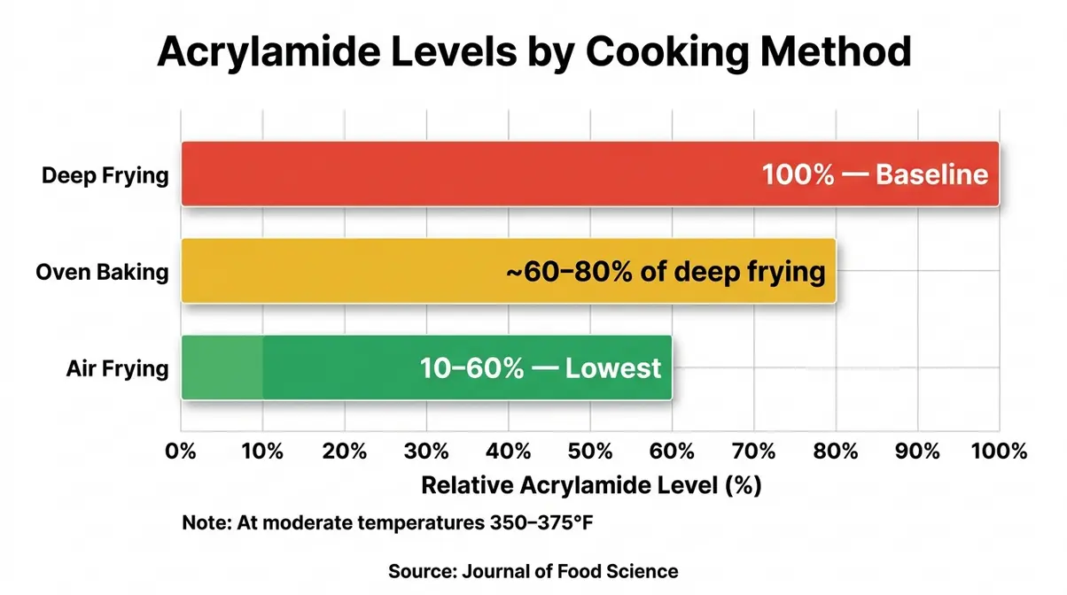 Is An Air Fryer Worth It? 7 Reasons To Buy (Or Skip) 6 Bar chart comparing acrylamide levels in potato products showing air frying producing the lowest levels versus deep frying and oven baking