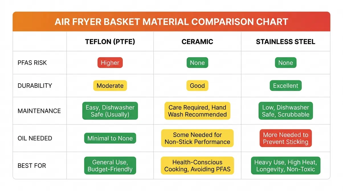 Is An Air Fryer Worth It? 7 Reasons To Buy (Or Skip) 5 Comparison chart of air fryer basket materials showing PFAS risk level durability and maintenance for Teflon ceramic and stainless steel