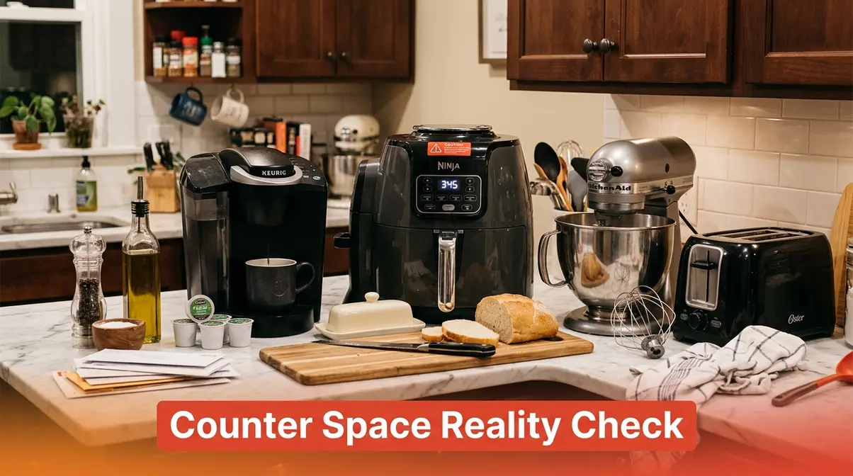 Is An Air Fryer Worth It? 7 Reasons To Buy (Or Skip) 4 Crowded kitchen counter showing air fryer competing for space alongside coffee maker toaster and stand mixer