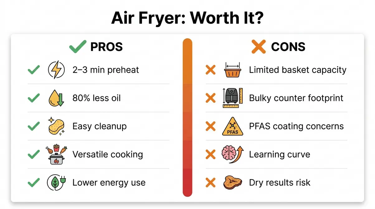 Is An Air Fryer Worth It? 7 Reasons To Buy (Or Skip) 3 Infographic comparing air fryer pros including speed and oil reduction against cons like counter space and capacity