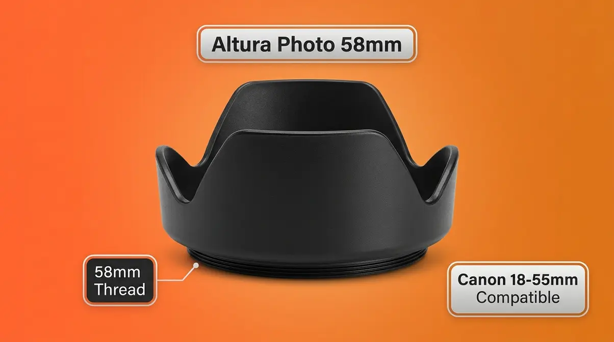 Altura Photo 58mm lens hood for Canon 18-55mm kit lens showing petal design and thread mount