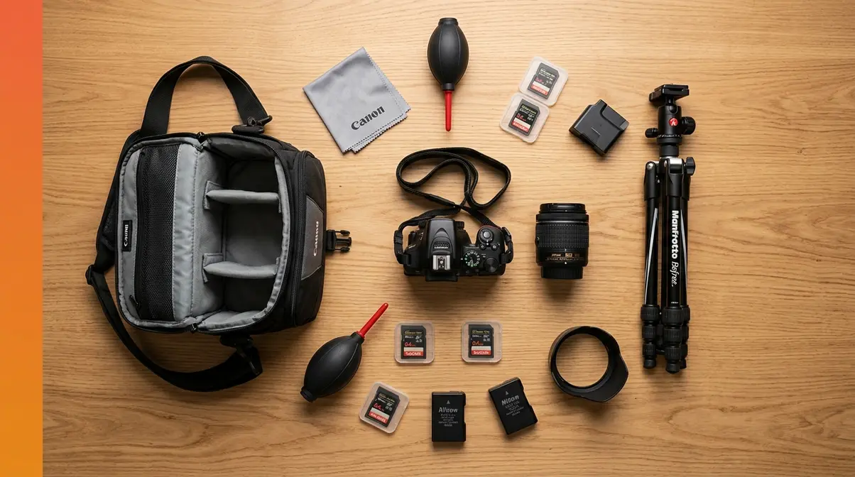 Complete beginner photography accessories kit laid out including camera bag, tripod, batteries, memory cards, and cleaning tools