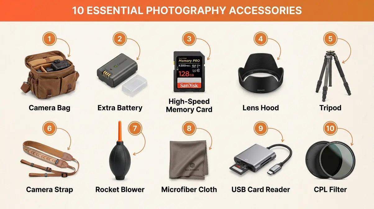 Labeled flat-lay infographic of 10 essential beginner photography accessories including camera bag, tripod, and lens hood