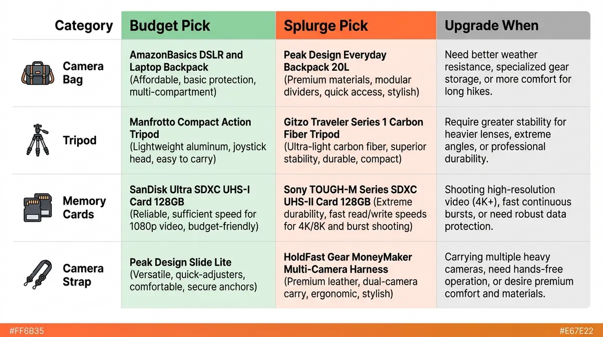 Comparison infographic showing budget versus splurge photography accessories with upgrade criteria for each category