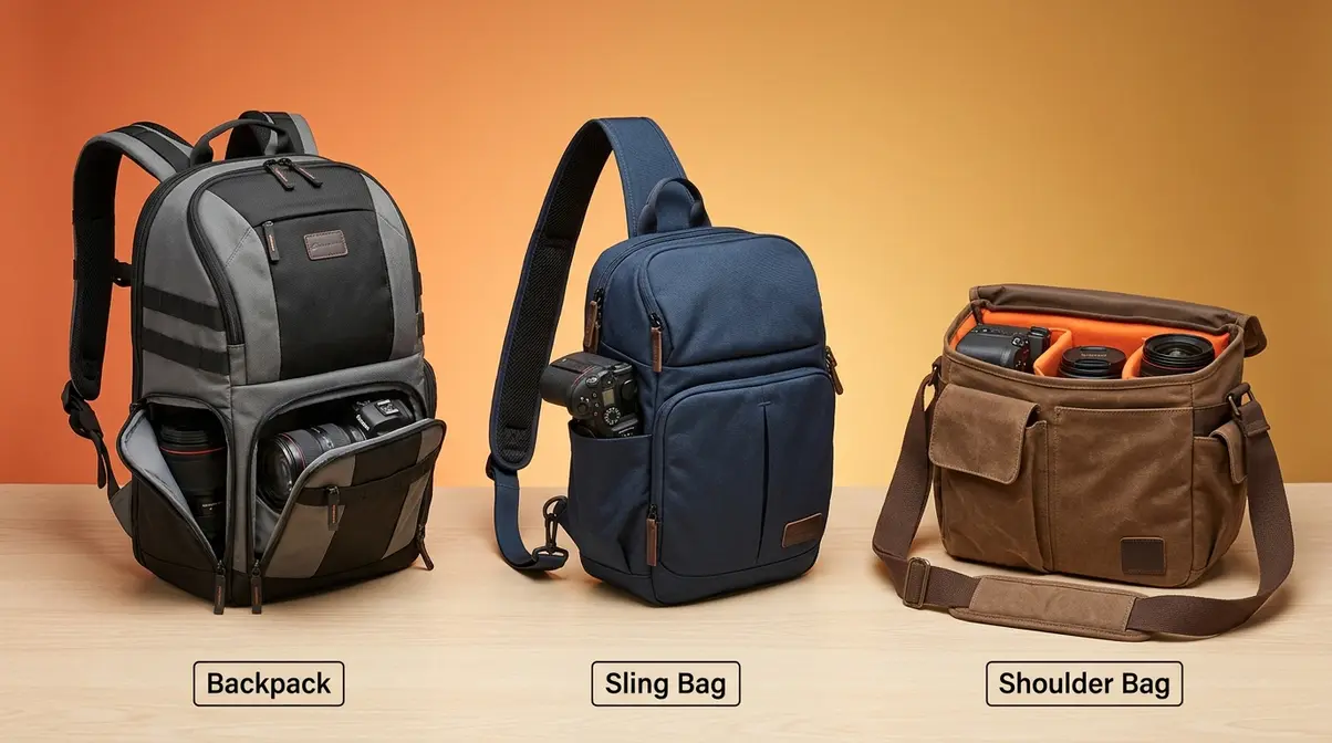 Three camera bag types side by side — backpack, sling bag, and shoulder bag for beginner photographers