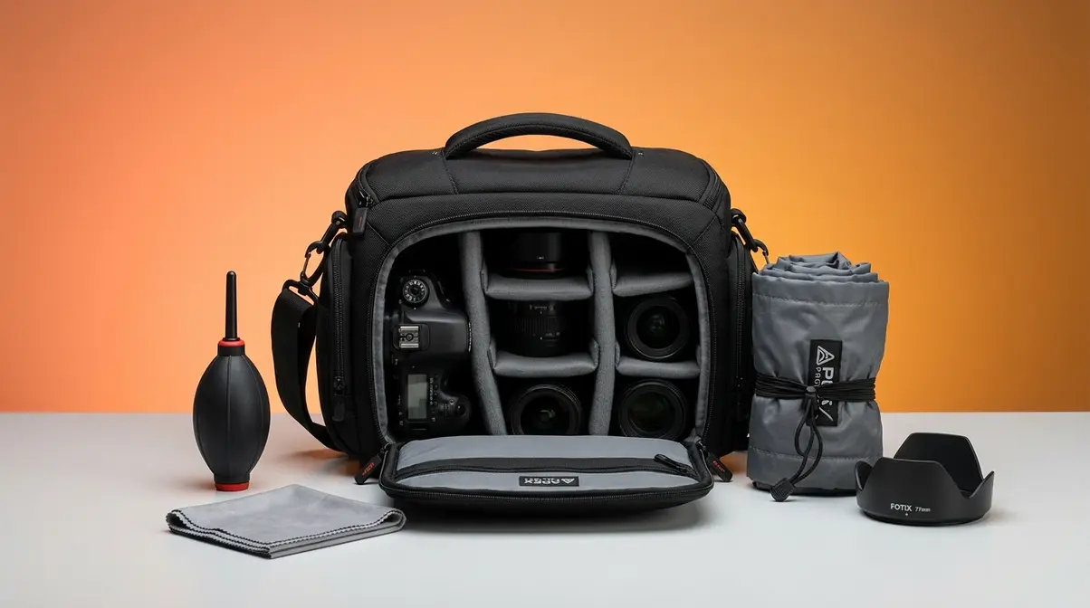 Camera gear protection accessories including padded bag, rain cover, lens hood, and cleaning kit for photographers
