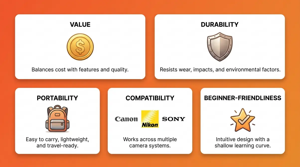 Infographic showing five photography accessories evaluation criteria: value, durability, portability, compatibility, and beginner-friendliness