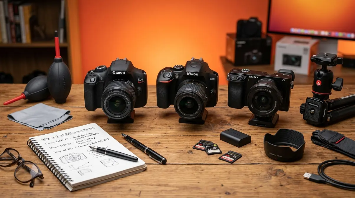 Photography accessories evaluation workspace showing Canon, Nikon, and Sony entry-level cameras with tested accessories