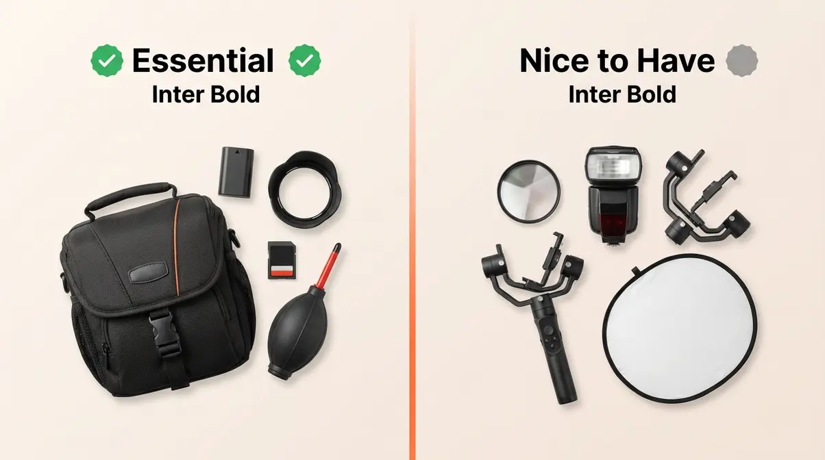 Photography accessories split into essential and nice-to-have categories showing beginner priority items