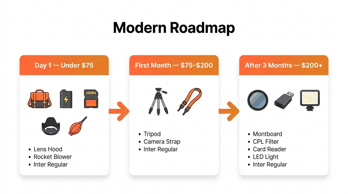 Three-stage roadmap for building a beginner photography accessories kit from day one through three months
