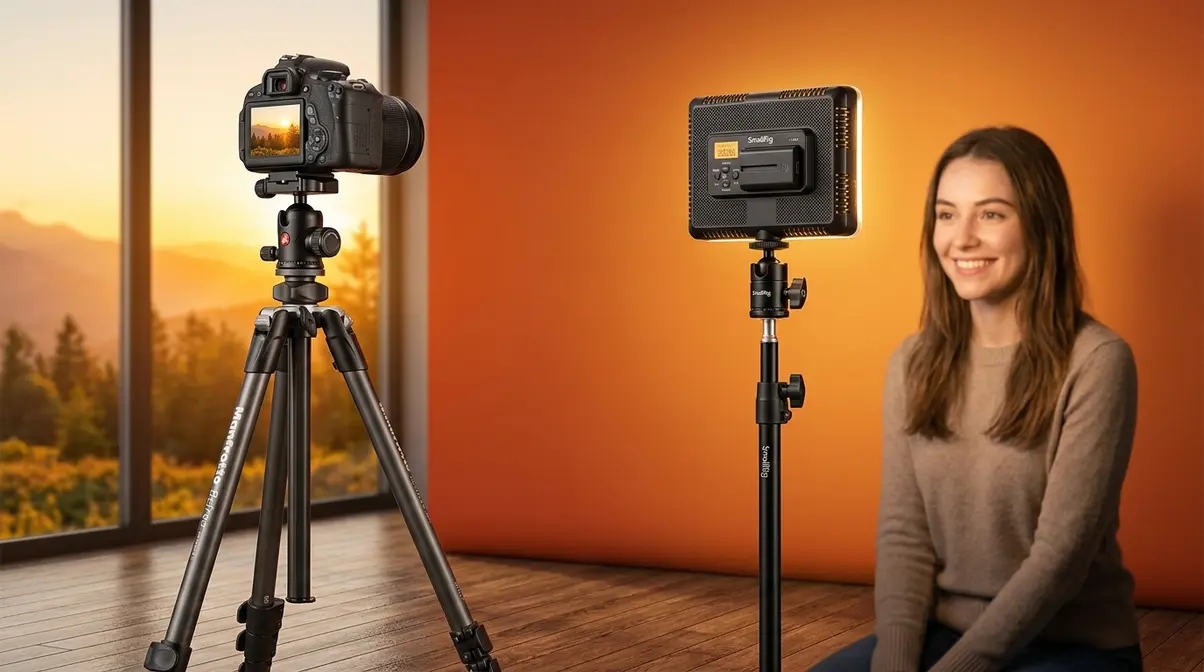 Photography stability and lighting setup showing tripod-mounted camera and LED light panel for beginners