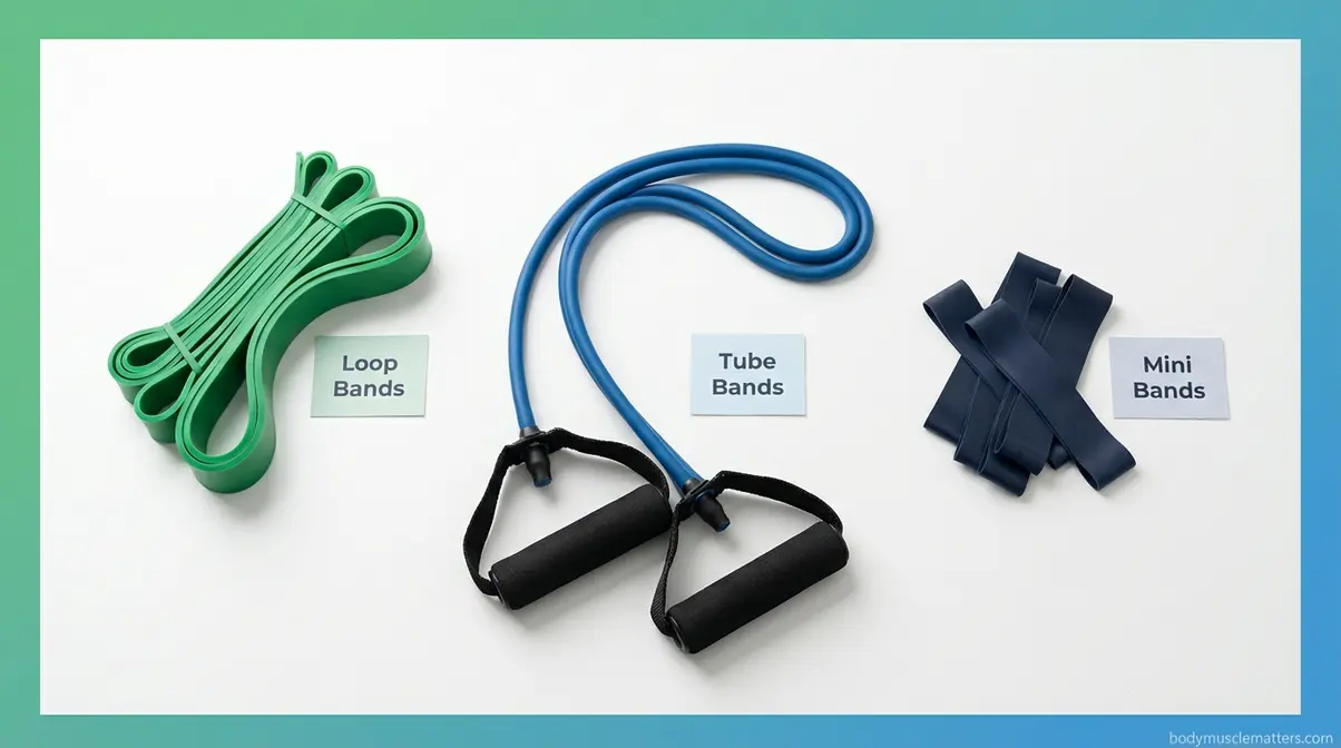 Three types of resistance bands — loop, tube, and mini bands — arranged for selecting the right band for muscle growth