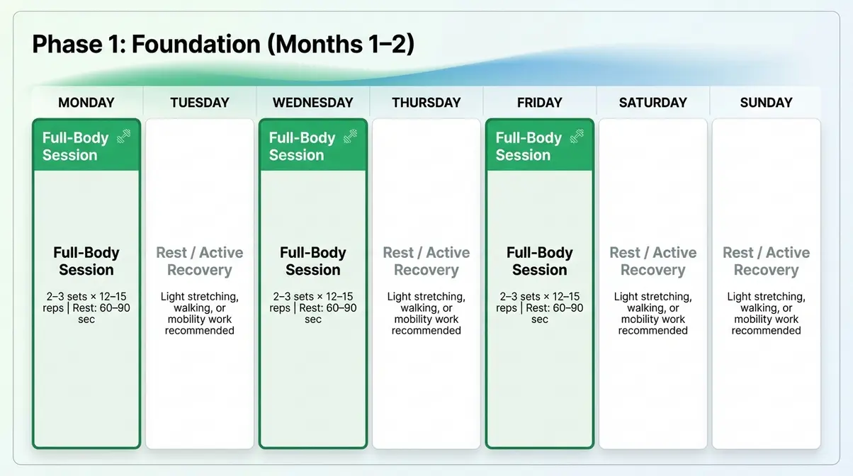 Phase 1 weekly schedule for resistance bands muscle growth plan showing three full-body training sessions per week