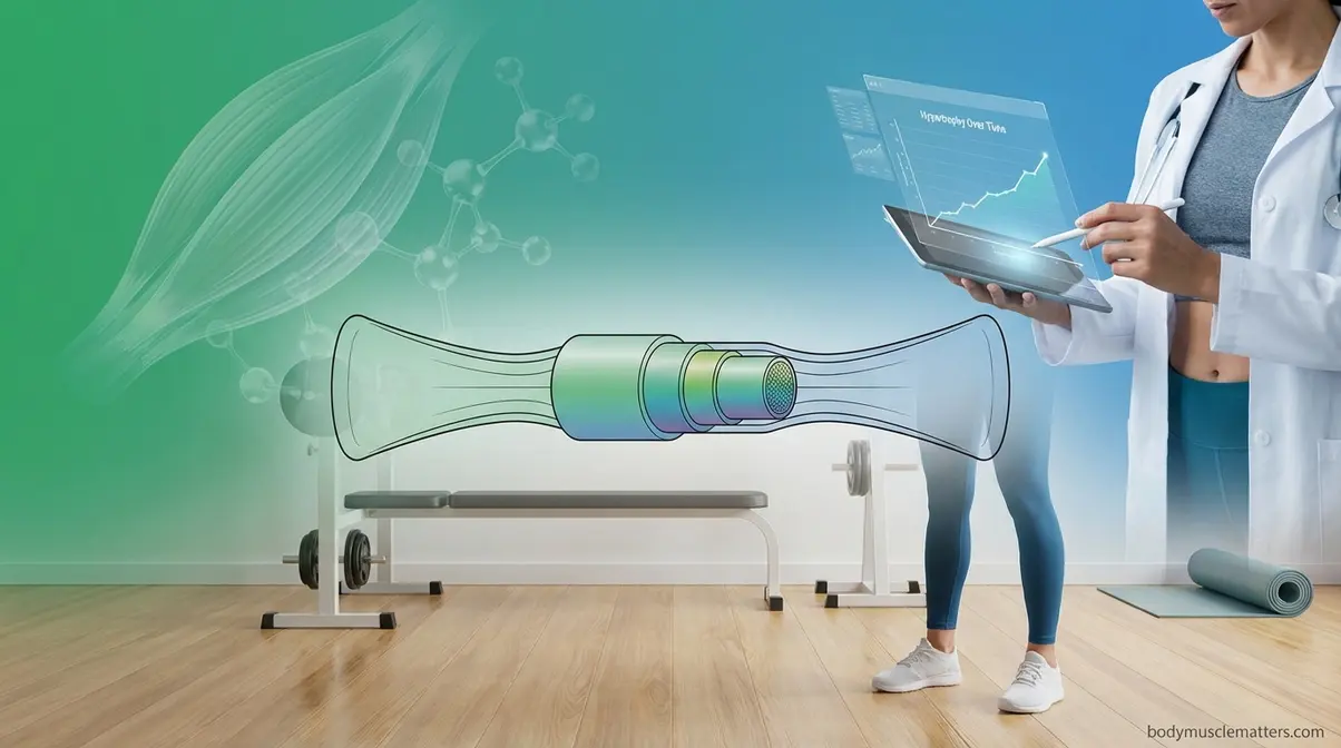Athlete and resistance band science diagram showing muscle hypertrophy research supporting band training for muscle growth