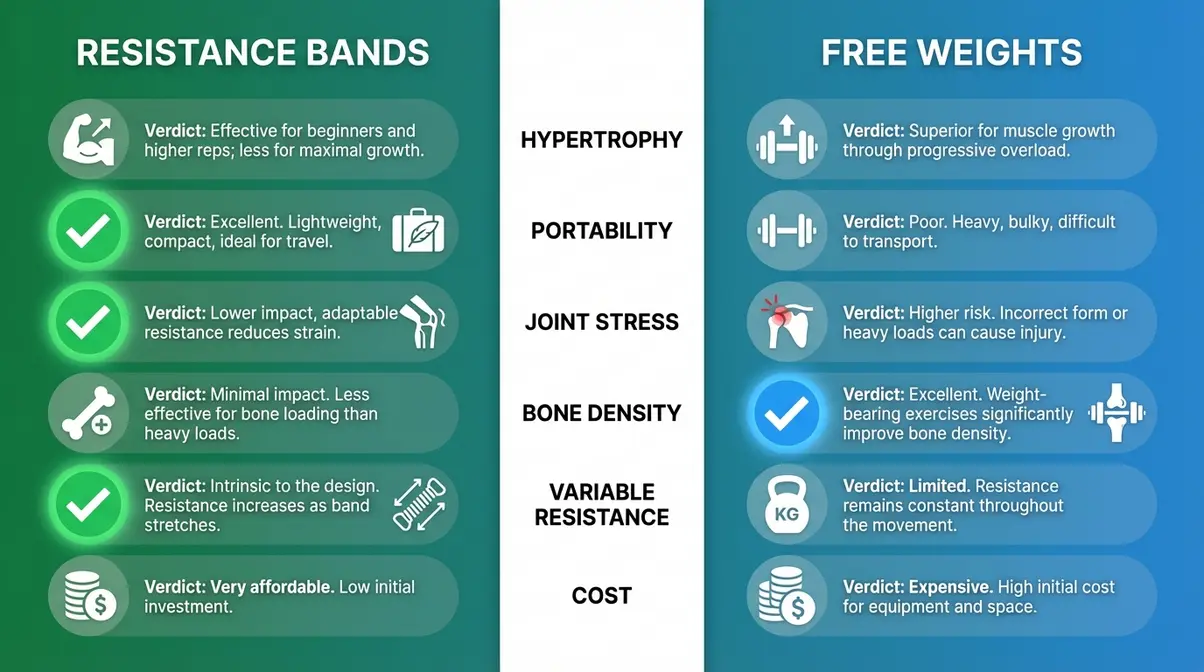 Side-by-side infographic comparing resistance bands versus free weights for muscle growth across bone density, portability, and hypertrophy