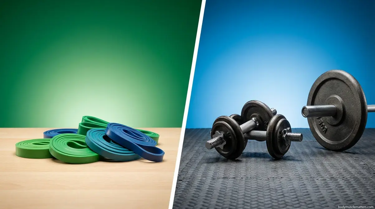 Split comparison of resistance bands versus free weights showing both tools side by side for muscle growth training