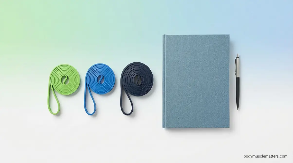 Three progressive resistance bands arranged light to heavy representing a six-month muscle growth training plan