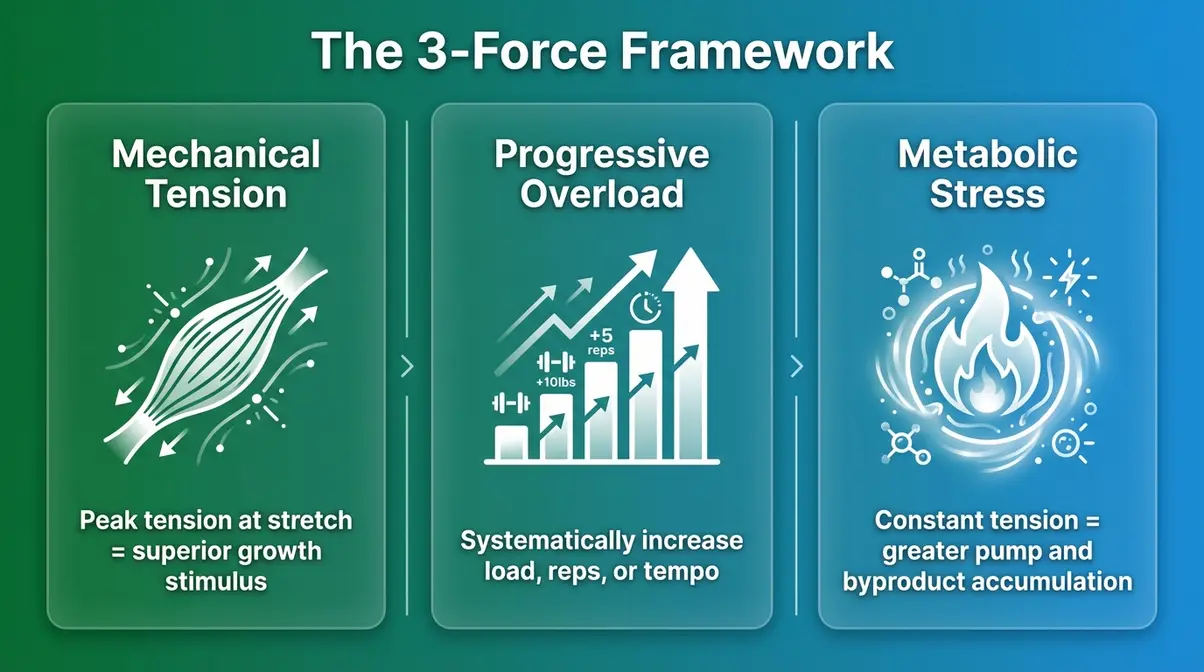 The 3-Force Framework infographic showing mechanical tension, progressive overload, and metabolic stress for resistance band muscle growth