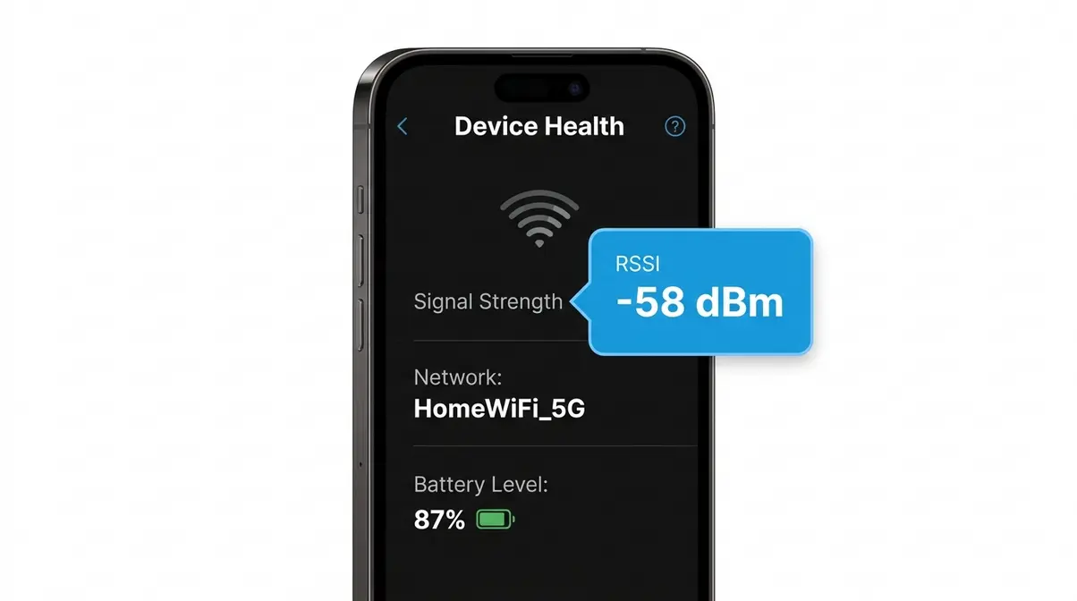 Ring app Device Health screen showing RSSI signal strength score highlighted at minus 58