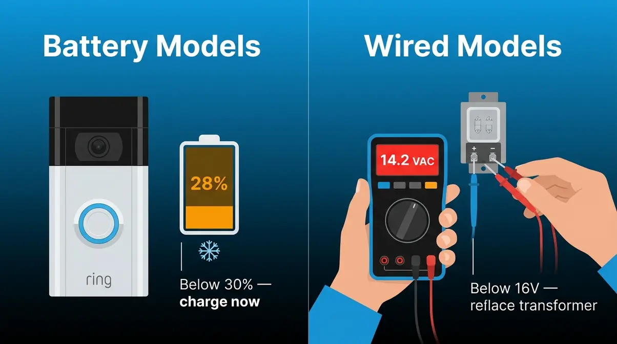 Ring doorbell power check showing low battery warning and transformer voltage measurement with multimeter