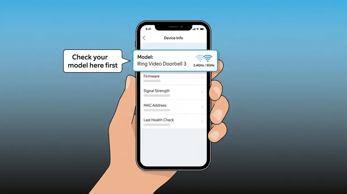 Smartphone showing Ring app Device Info screen to check model 5GHz WiFi compatibility