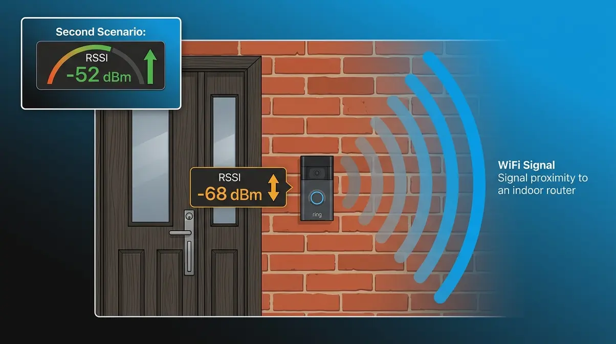 Ring doorbell on brick wall showing WiFi signal strength loss and RSSI score comparison