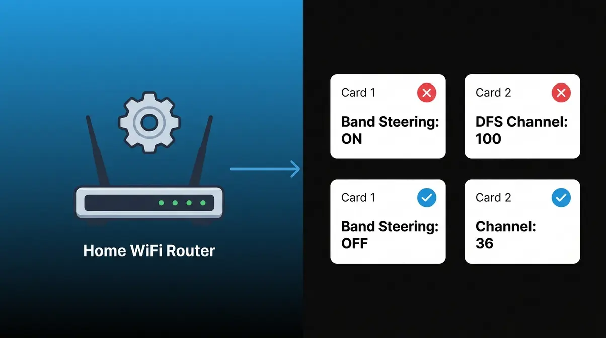 Router settings illustration showing band steering disabled and DFS channel changed to fix Ring 5GHz