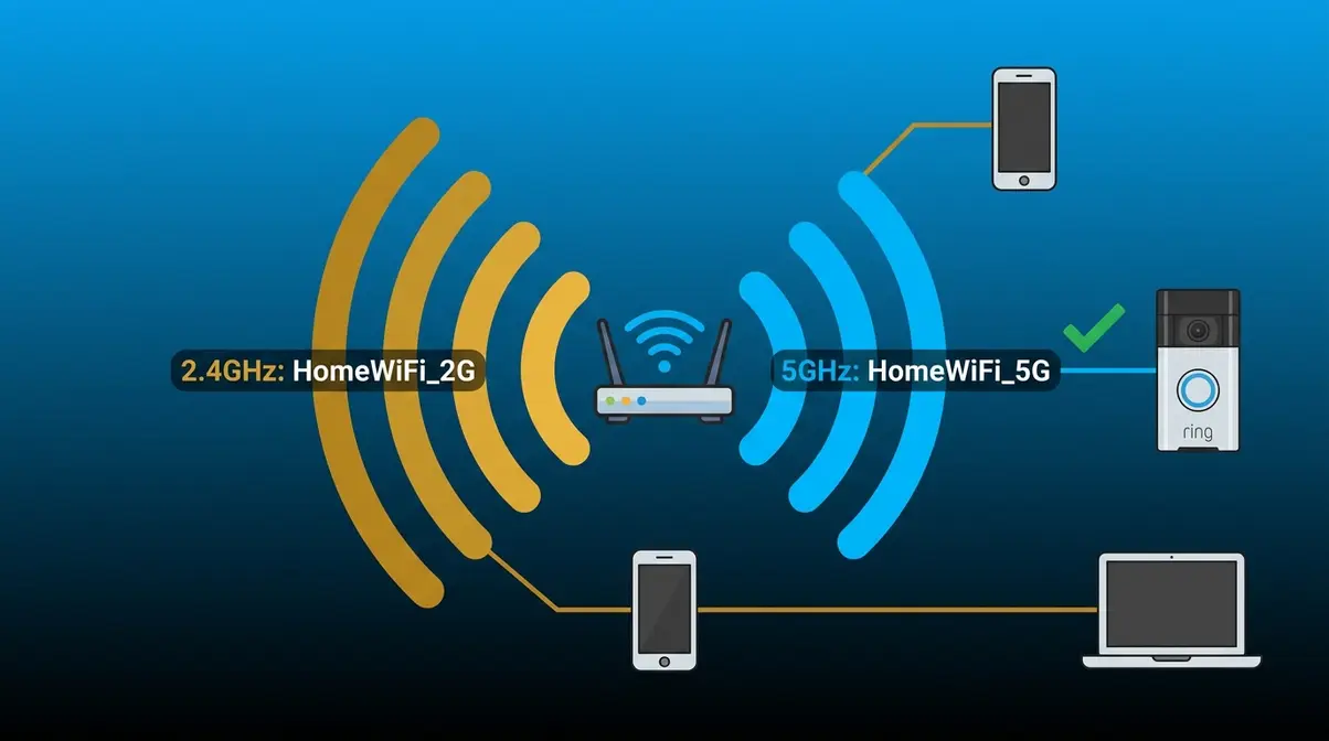 Router diagram showing separate 2.4GHz and 5GHz network names with Ring doorbell connecting to 5GHz band