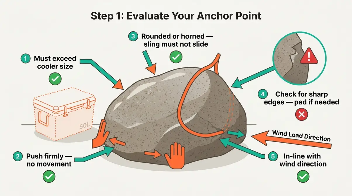 Diagram showing how to evaluate a boulder anchor point for size, stability, and surface condition for a campsite rock anchor sling
