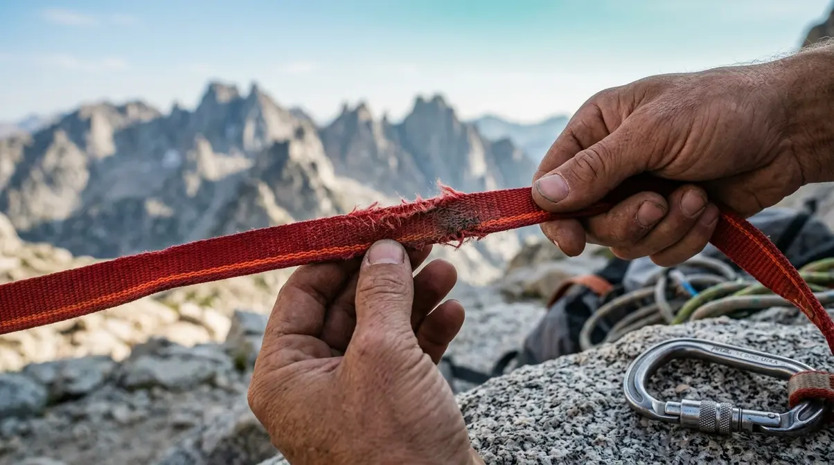 Hands inspecting a nylon rock anchor sling for UV damage and abrasion wear before campsite use