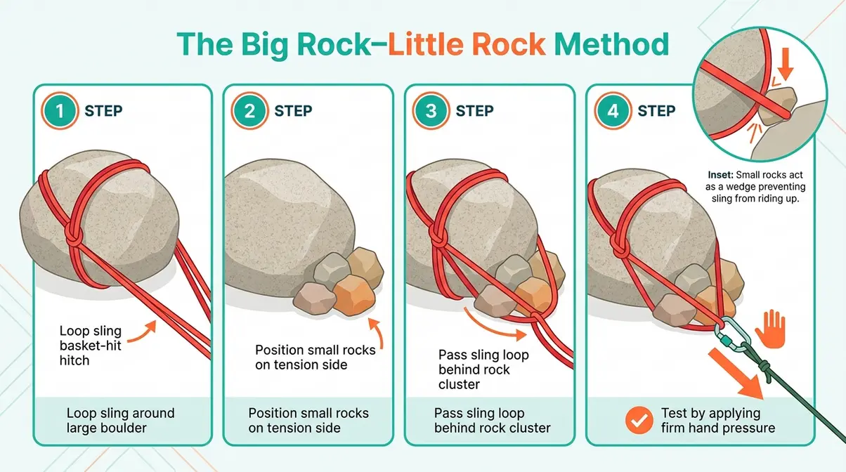 Diagram showing the Big Rock-Little Rock campsite anchor method using a sling looped around a large boulder with smaller rocks as a wedge