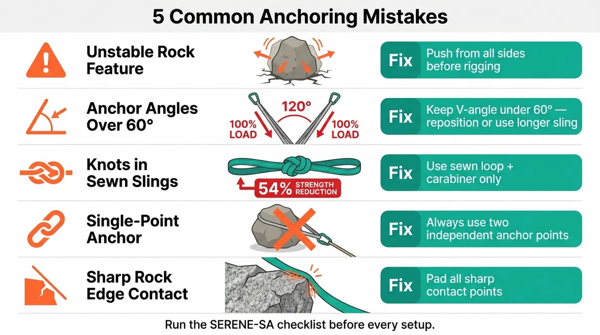 Visual checklist diagram showing five common rock anchor sling mistakes and their fixes for campsite anchoring