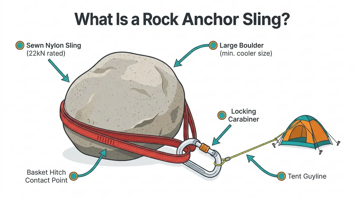 Diagram showing a rock anchor sling system securing a tent guyline to a boulder on rocky terrain