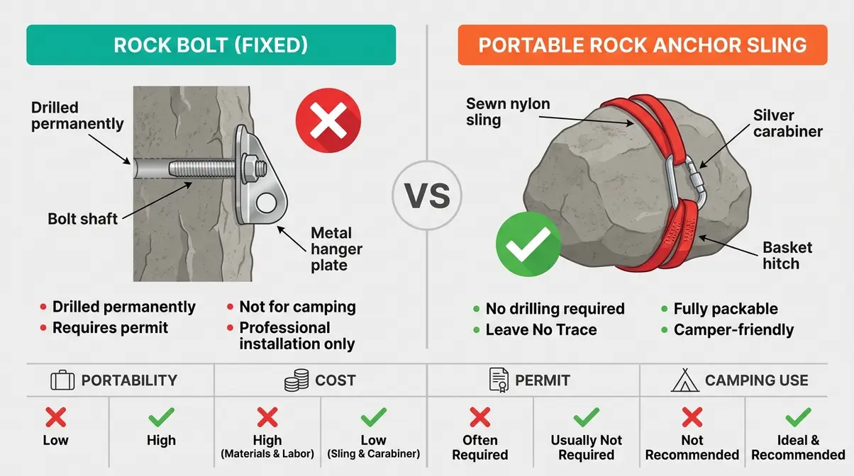 Diagram comparing a fixed rock bolt versus a portable rock anchor sling system for campsite use