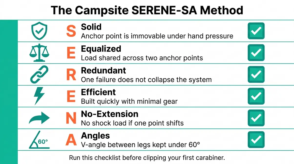 Diagram illustrating the six SERENE-SA anchor safety criteria for a campsite rock anchor sling system