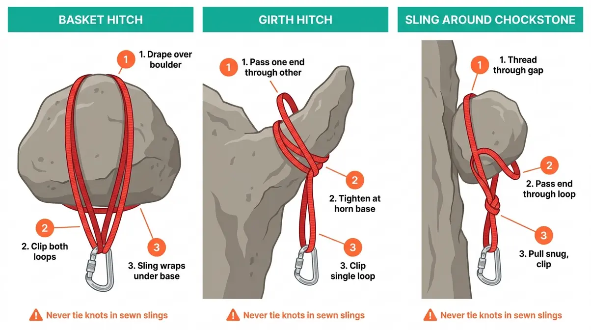 Diagram comparing basket hitch, girth hitch, and chockstone sling rigging methods for campsite rock anchor slings