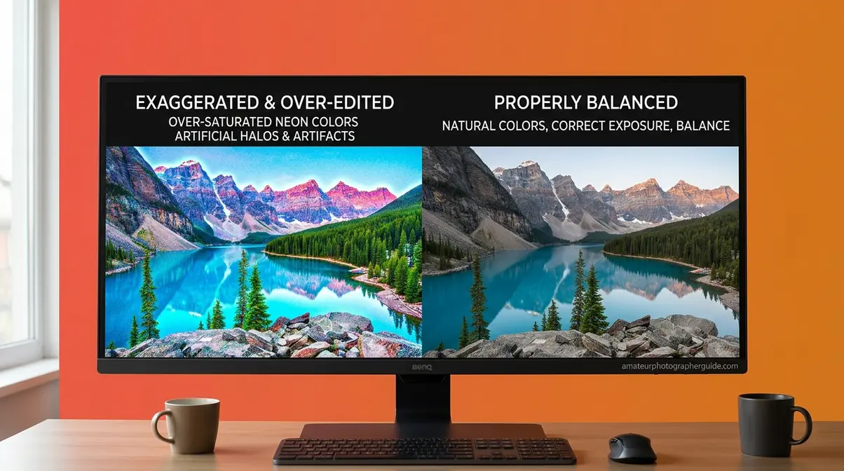 Visual example of common photo editing mistakes like over-sharpening and excessive color saturation