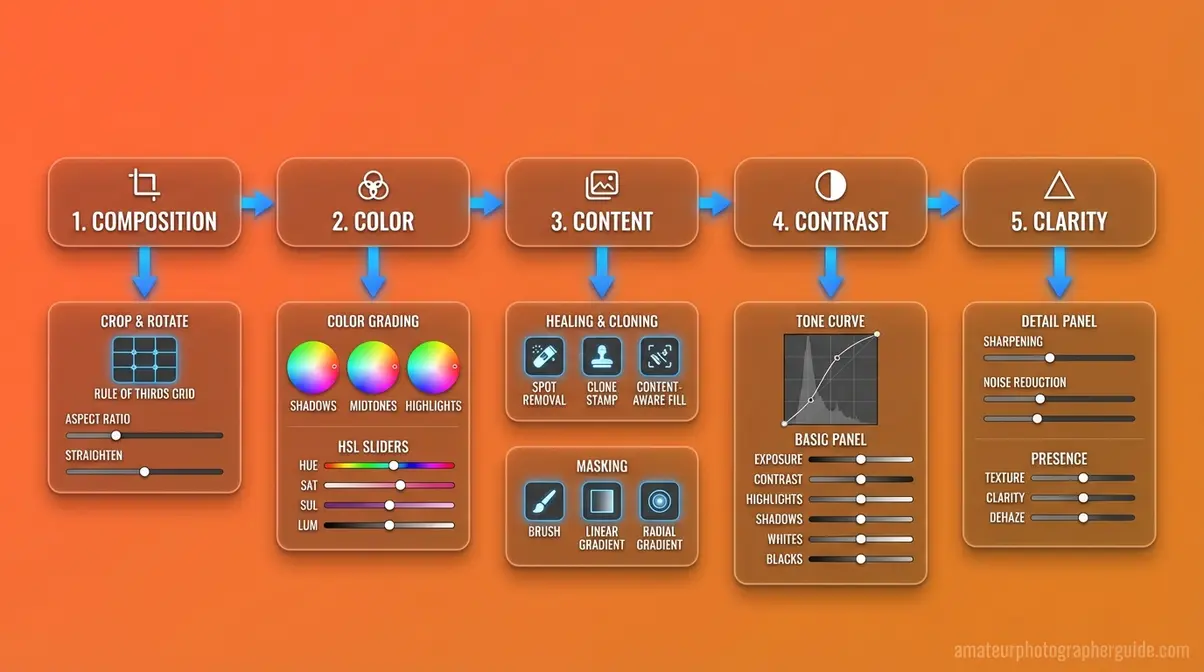 Diagram mapping the five Cs of photographic vision to specific photo editing software tools