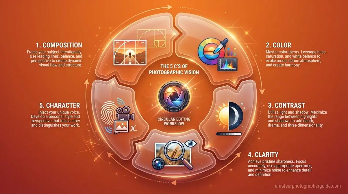 Infographic illustrating the five functions of photo editing mapped to the photographic vision