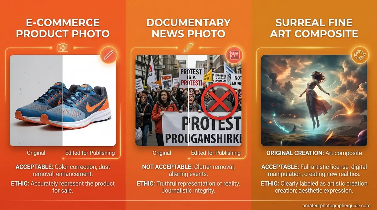 Comparison showing different photo editing ethics across e-commerce, journalism, and fine art contexts